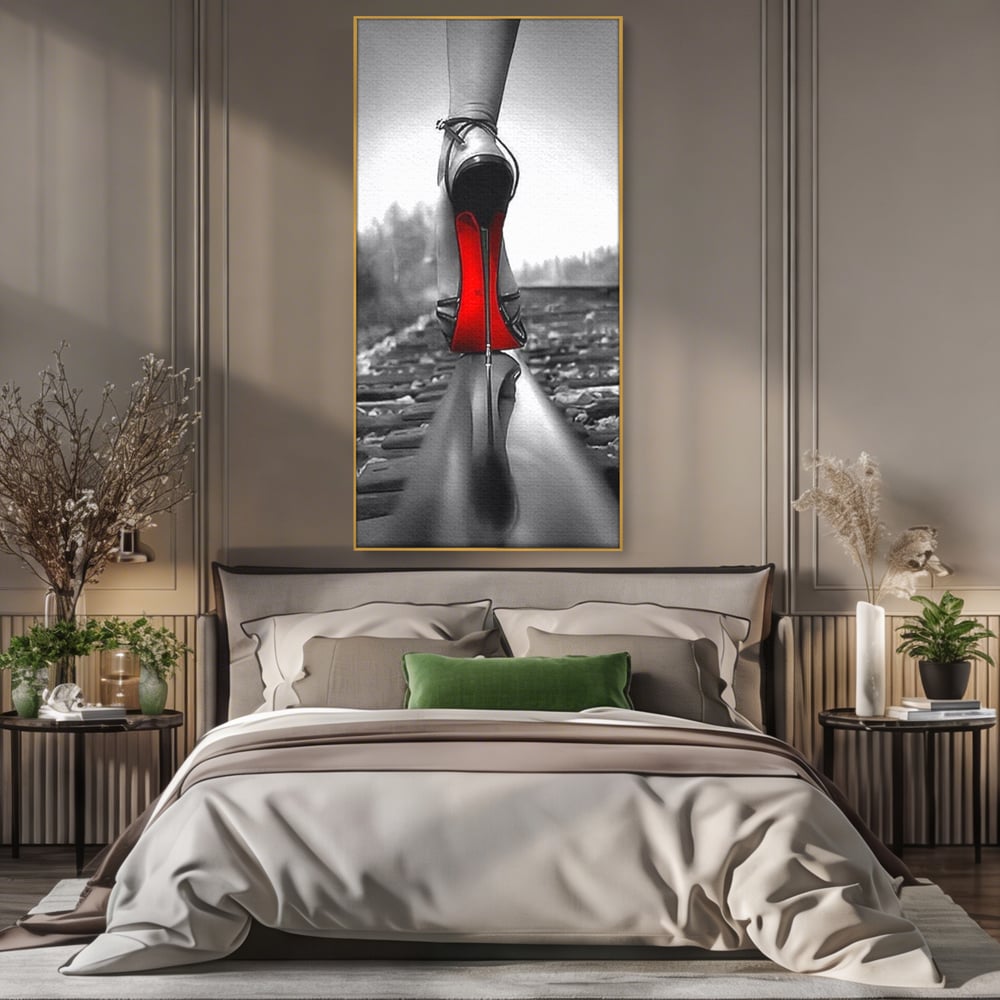 Tablou canvas cu tablou canvas cu pantof pe sina, in rama de aluminiu auriu, pe perete intr-un dormitor